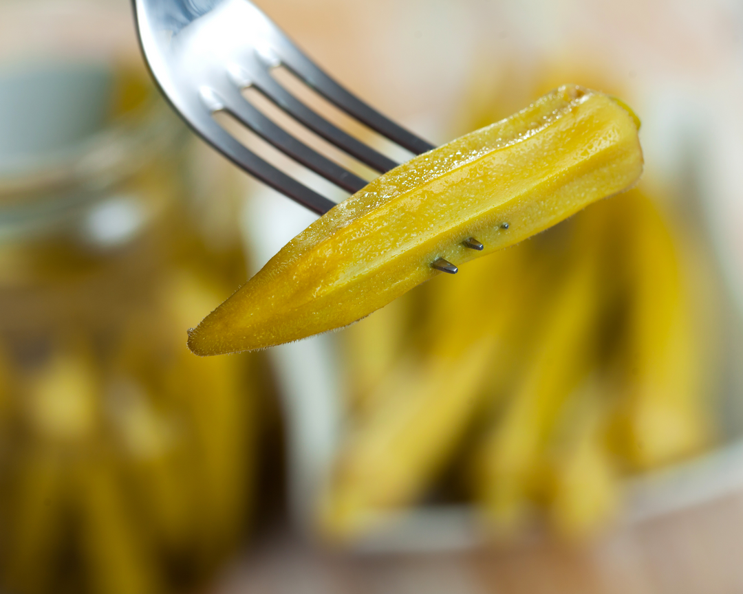 Pickled Okra on fork from 1913 Kickapoo Orchard.