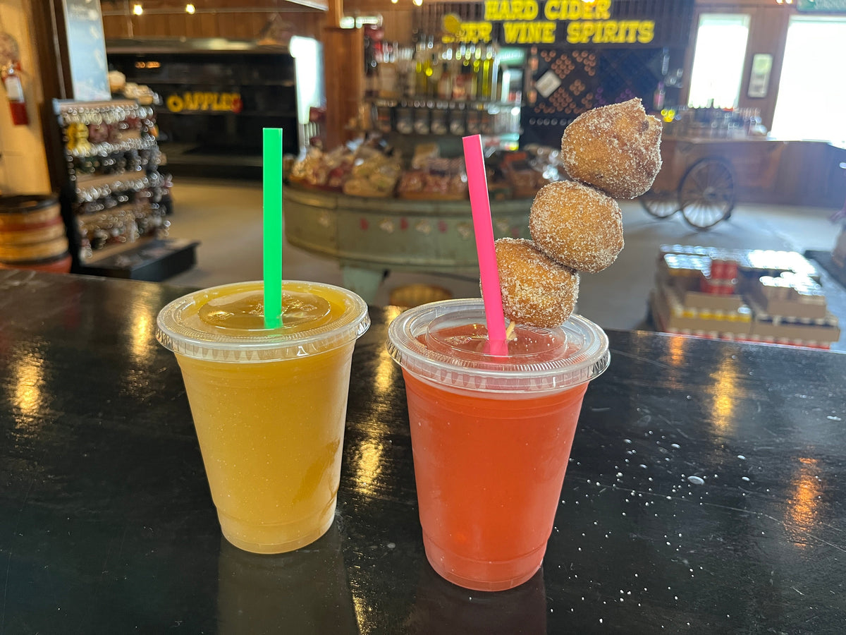 Fresh cider slushies and apple cider donuts at Kickapoo Orchard Café in Gays Mills, Wisconsin.