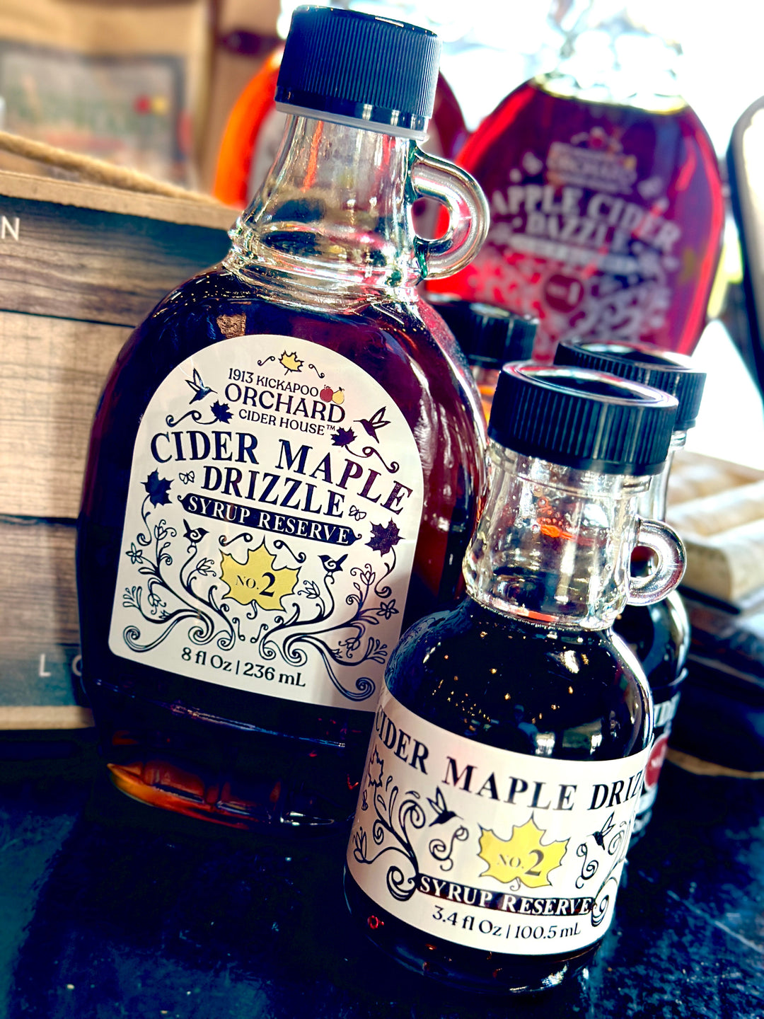 Kickapoo Orchard Kitchen Razzle Dazzle Syrup bottles from 1913 Kickapoo Orchard, Gays Mills WI.