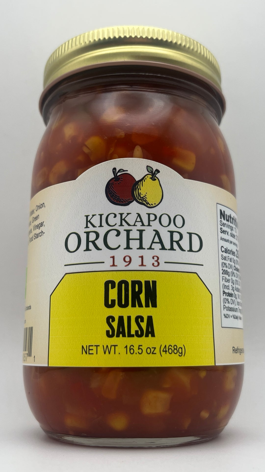 Jar of Kickapoo Orchard Corn Salsa on a white background