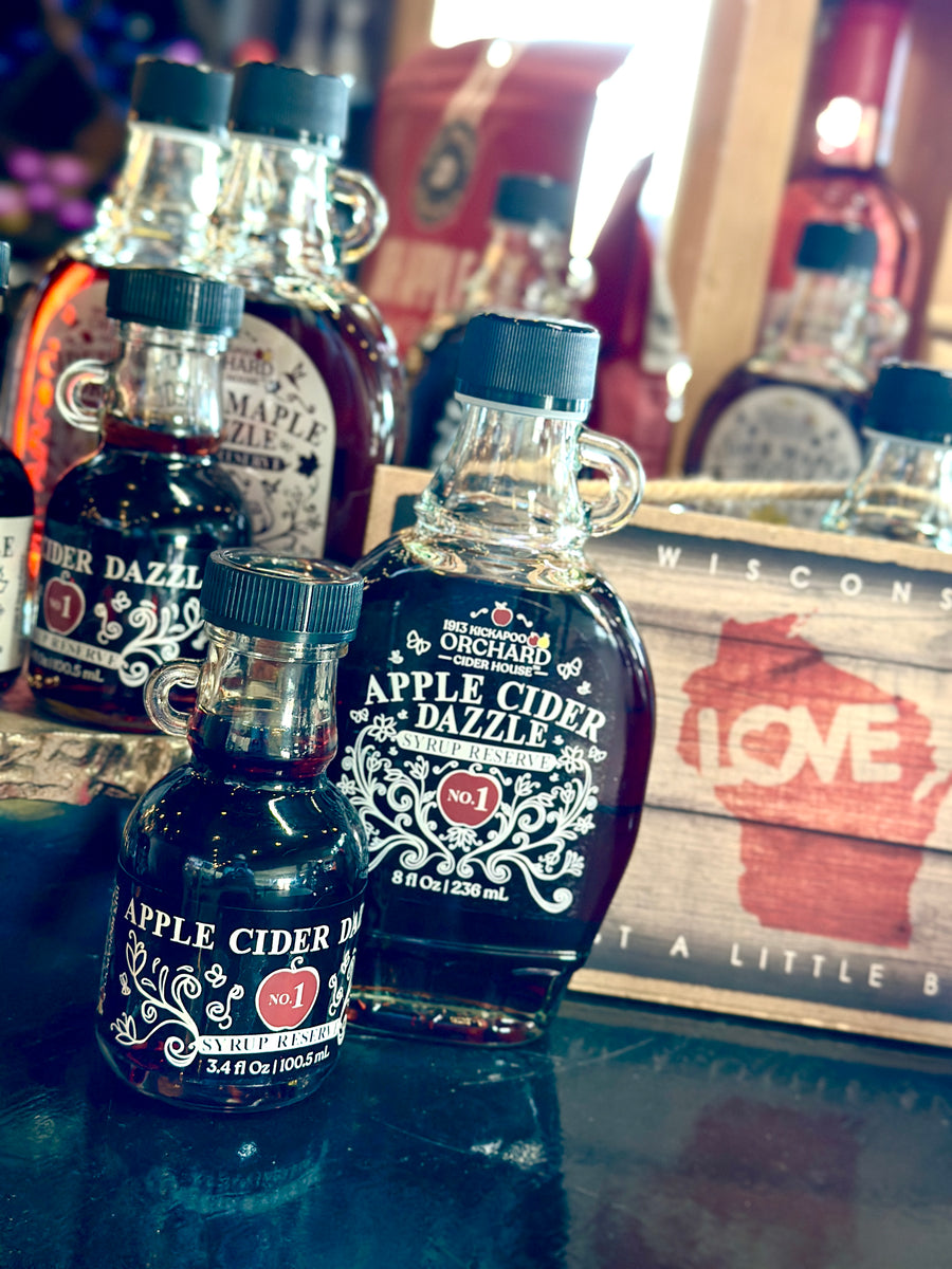 Bottle of Apple Cider Dazzle Syrup from Kickapoo Orchard near Gays Mills, Wisconsin – small batch apple cider syrup.