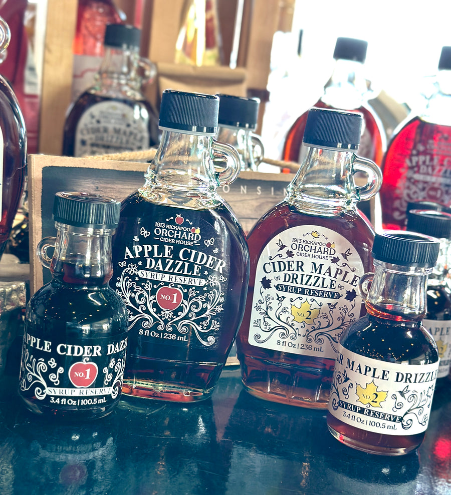 Wisconsin apple orchard syrups – Apple Cider Dazzle and Cider Maple Drizzle at Kickapoo Orchard.
